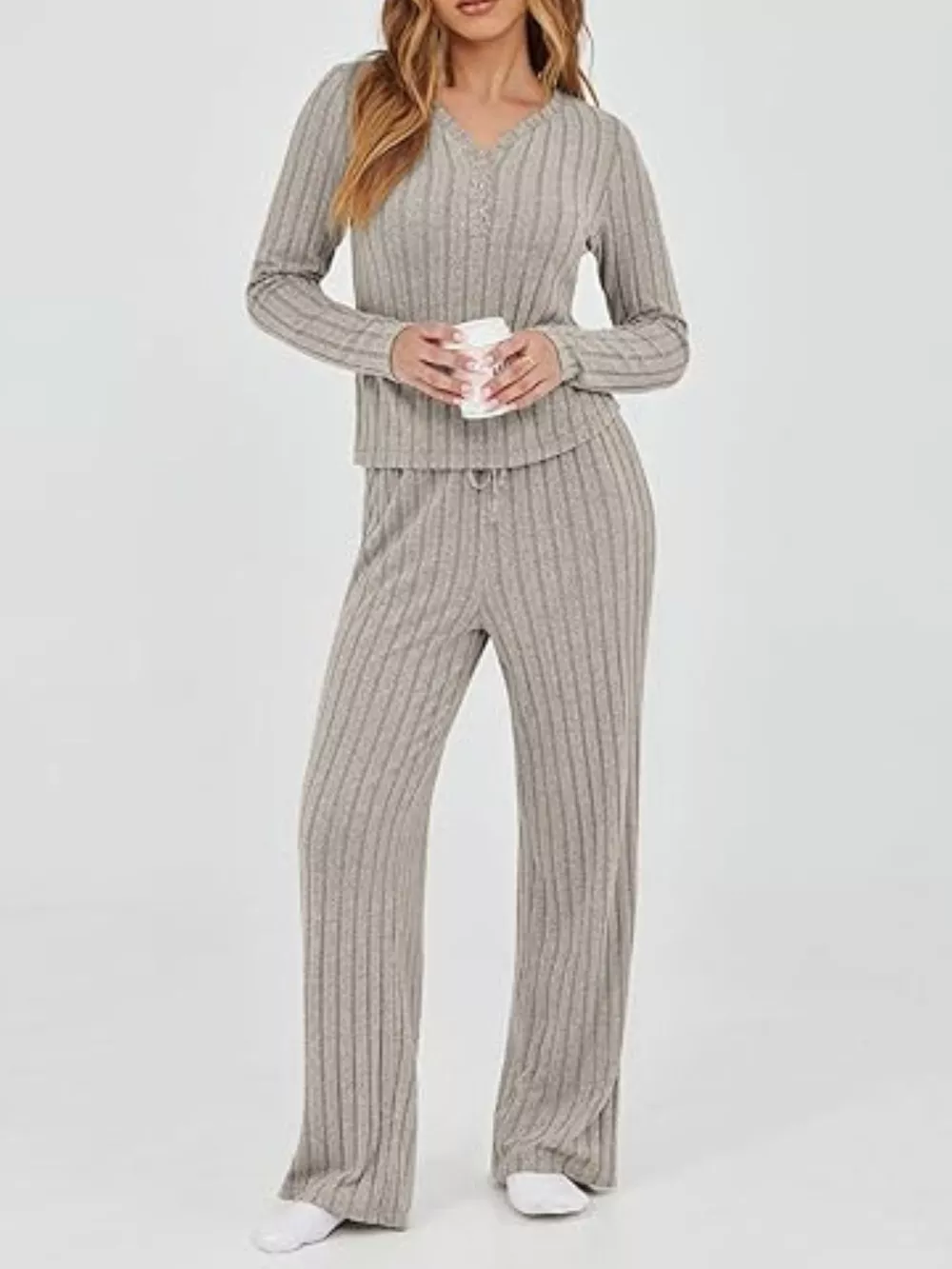 Ribbed Knit Long Sleeve Top and Pants Set, image 3