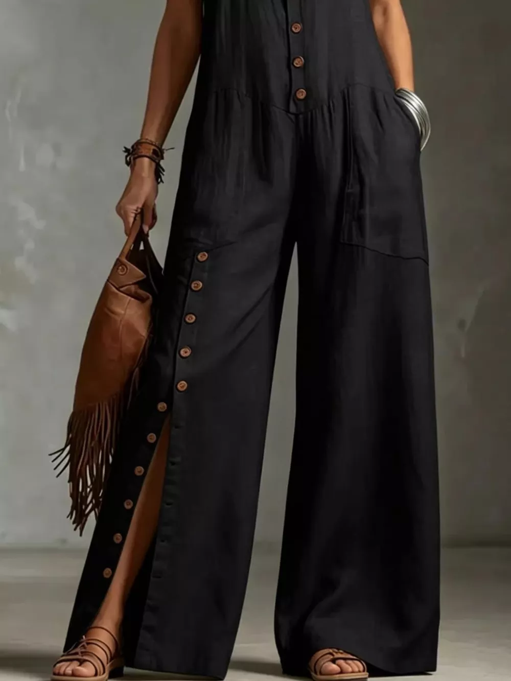 Full Size Sleeveless Button Front Wide Leg Jumpsuit Plus Size, image 6