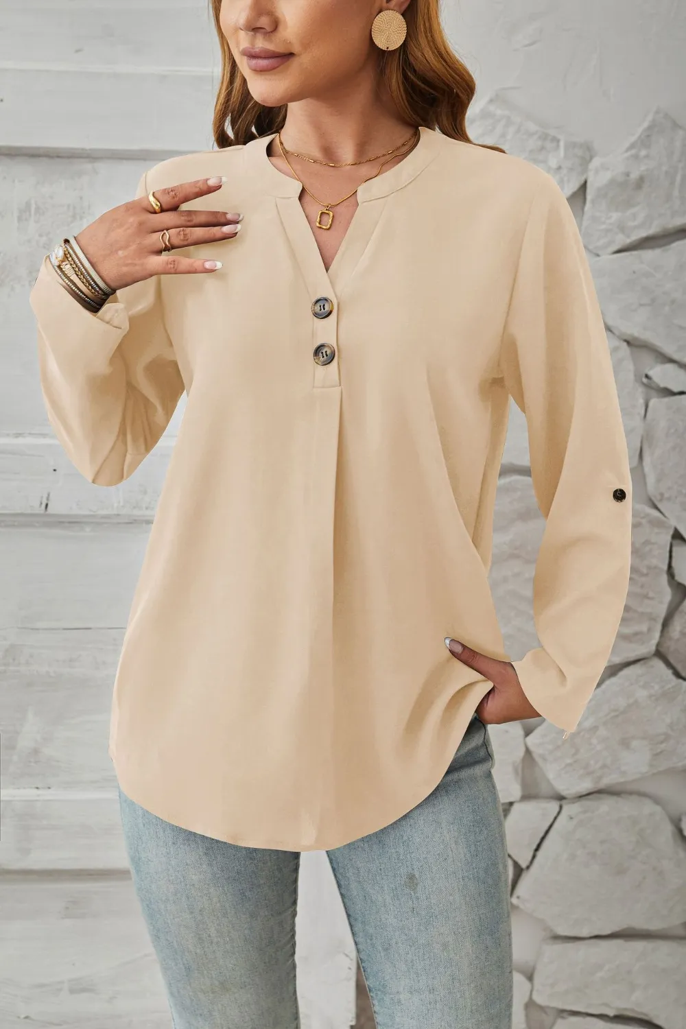Decorative Button Notched Long Sleeve Blouse, image 8