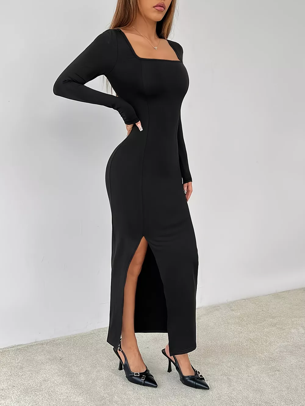 Square Neck Long Sleeve Slit Bodycon Maxi Dress, image 7