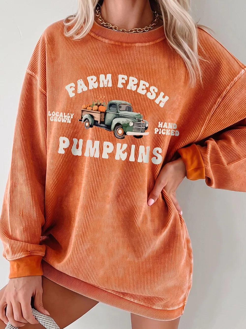 Corded Ribbed Farm Fresh Pumpkins Graphic Sweatshirt, image 3