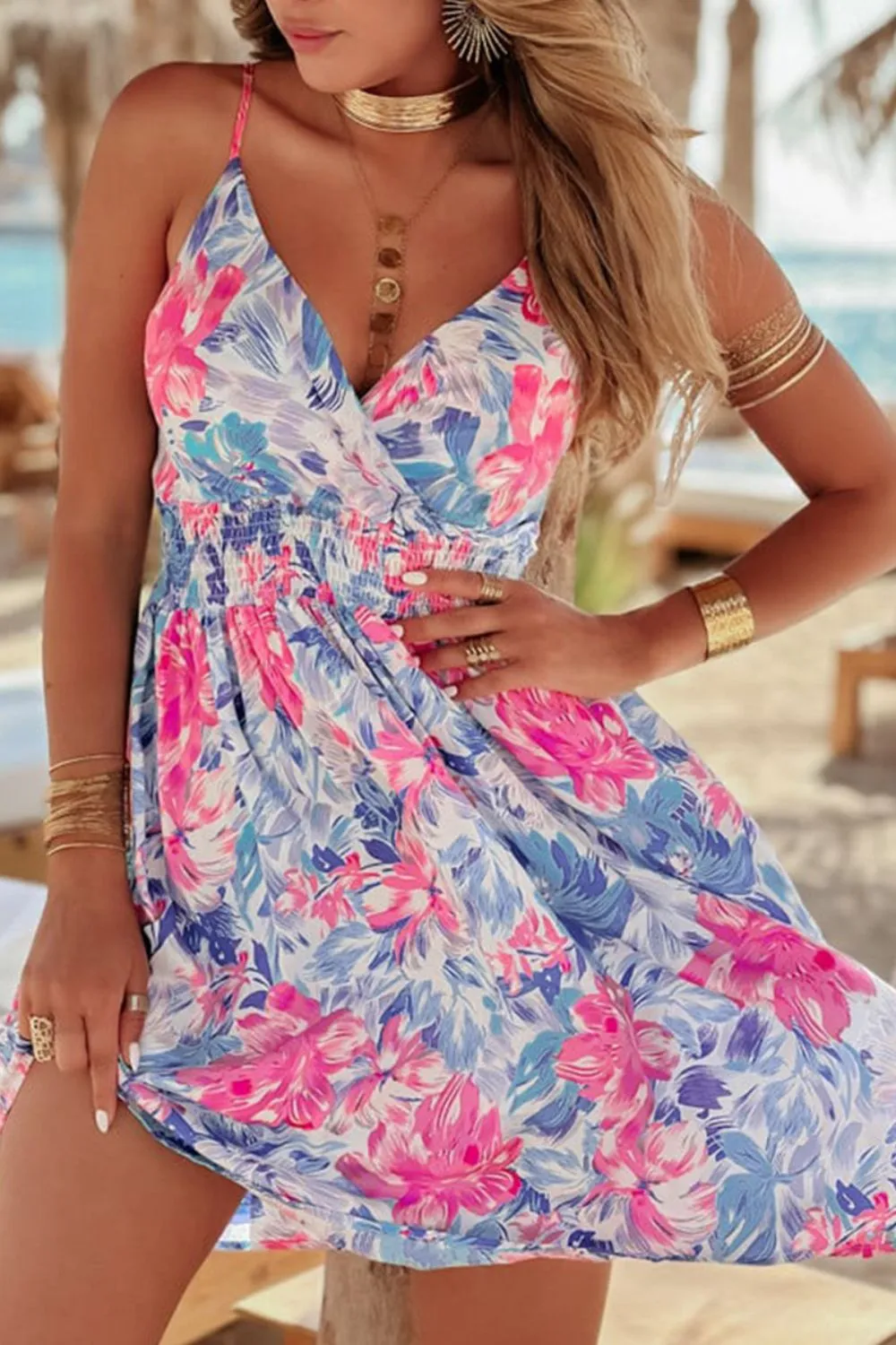 Floral Spaghetti Strap Surplice Neck Shirred Waist Mini Dress, image 9