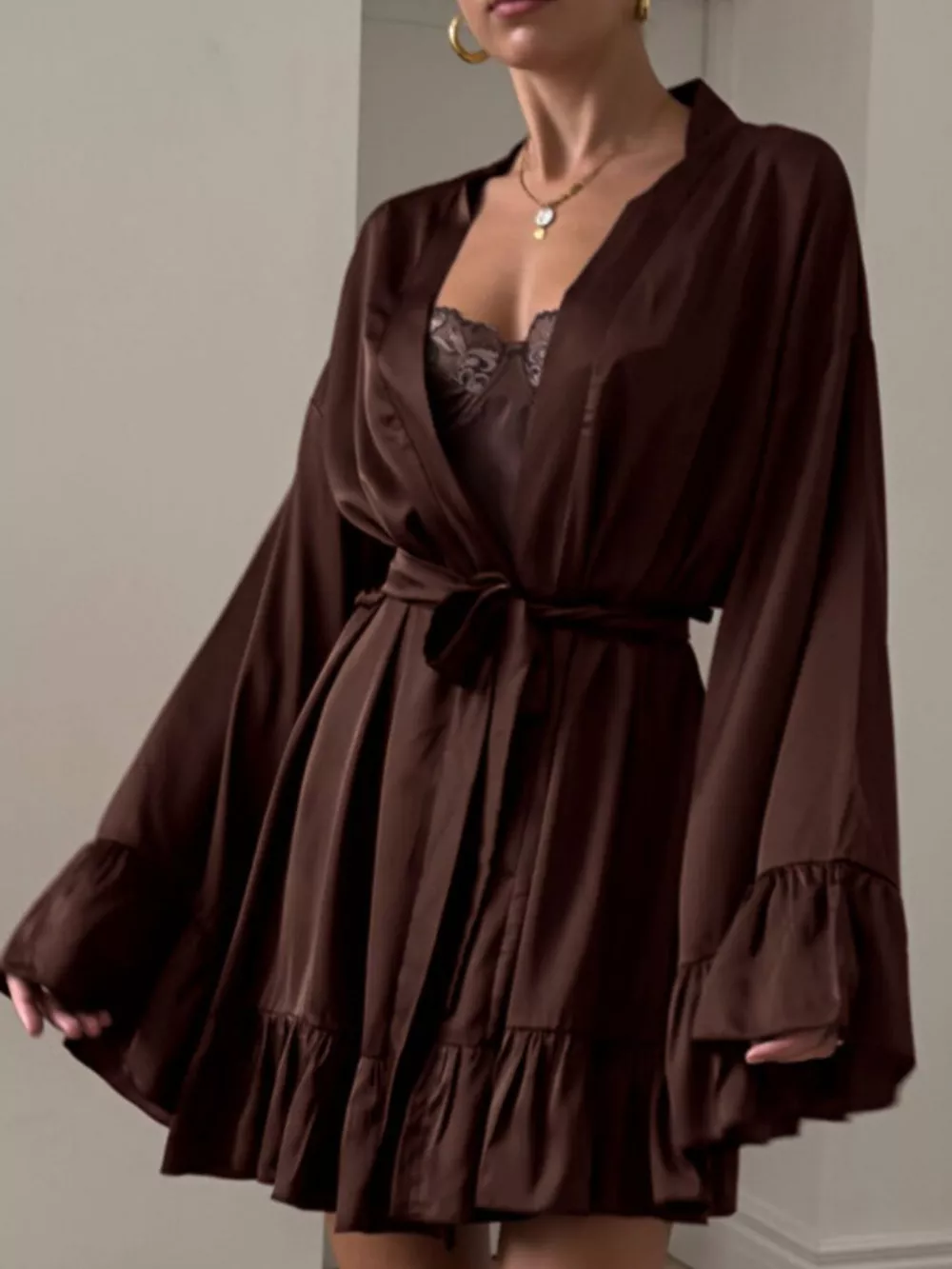 Satin Ruffle-Trim Lounge Nightgown Robe, image 4