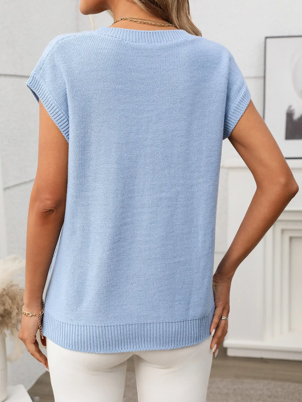 Cable-Knit V-Neck Short Sleeve Knit Top, image 14