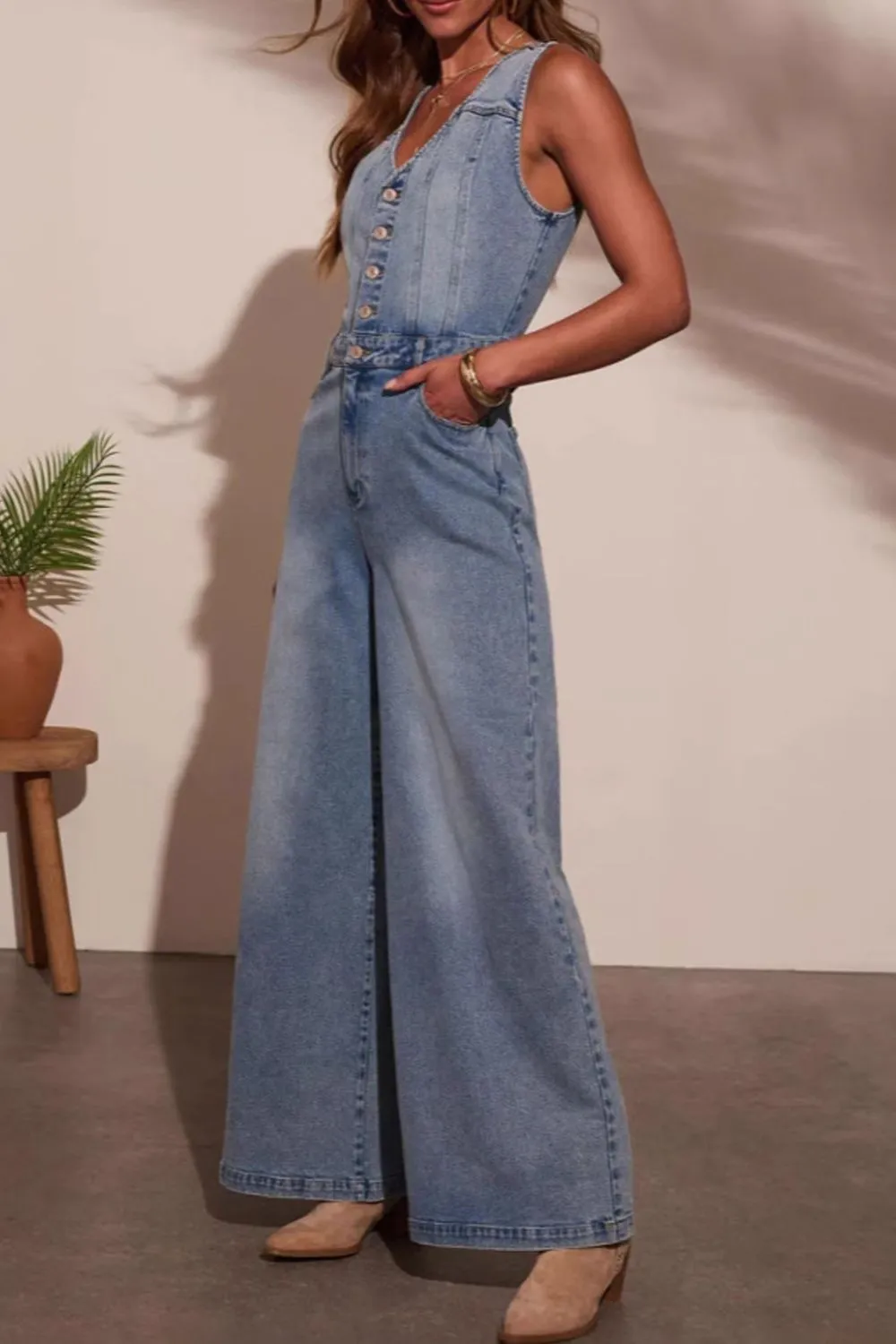 V-neck Wide Leg Denim Jumpsuit, image 4