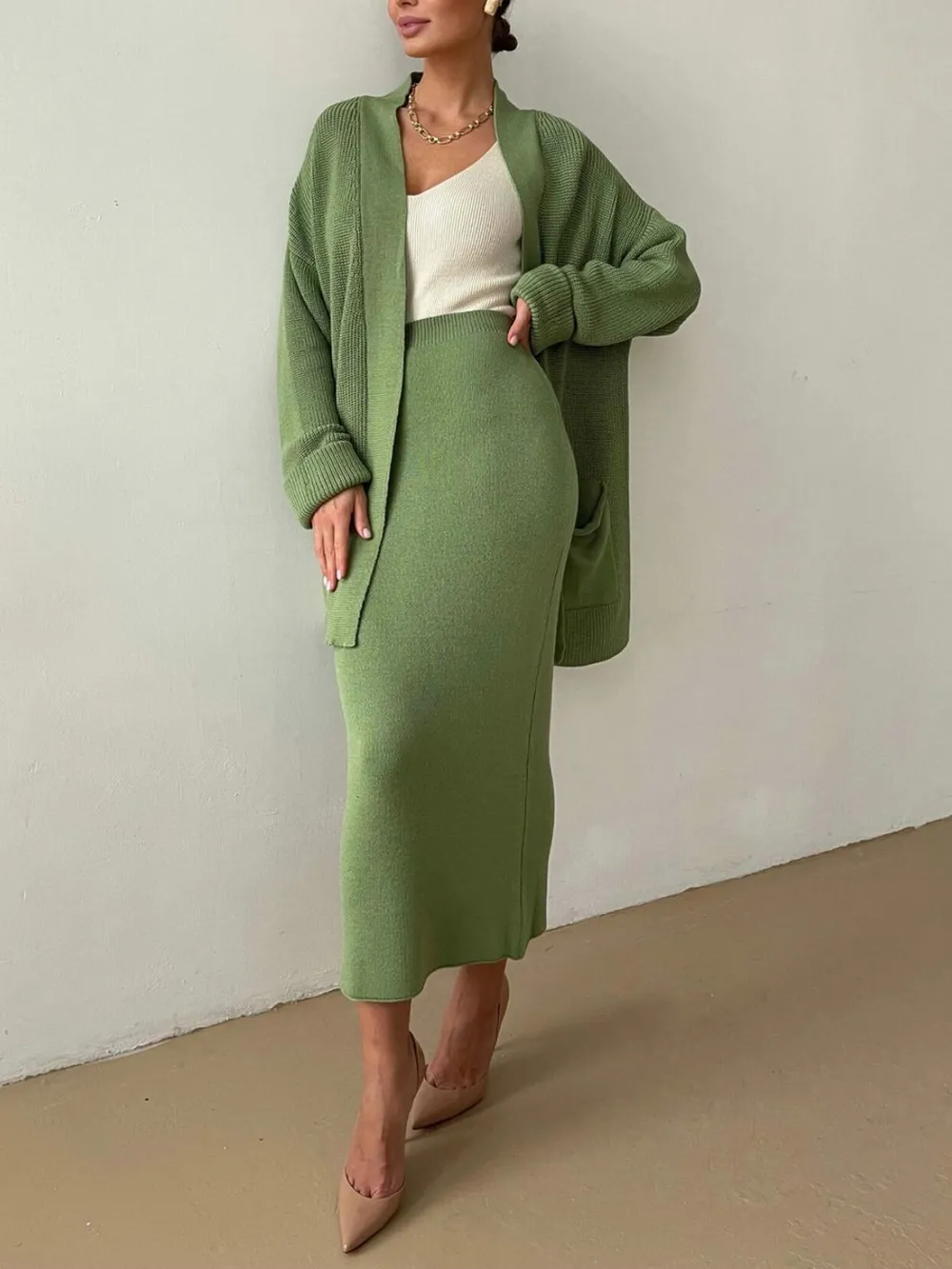 Pocketed Long Sleeve Cardigan and Skirt Sweater Set, image 12