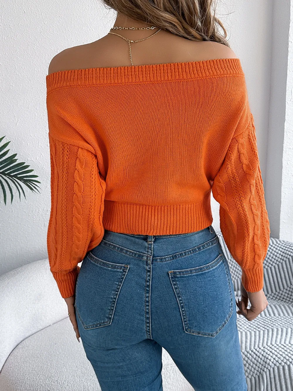 Cable Knit Off-Shoulder Long Sleeve Sweater, image 12