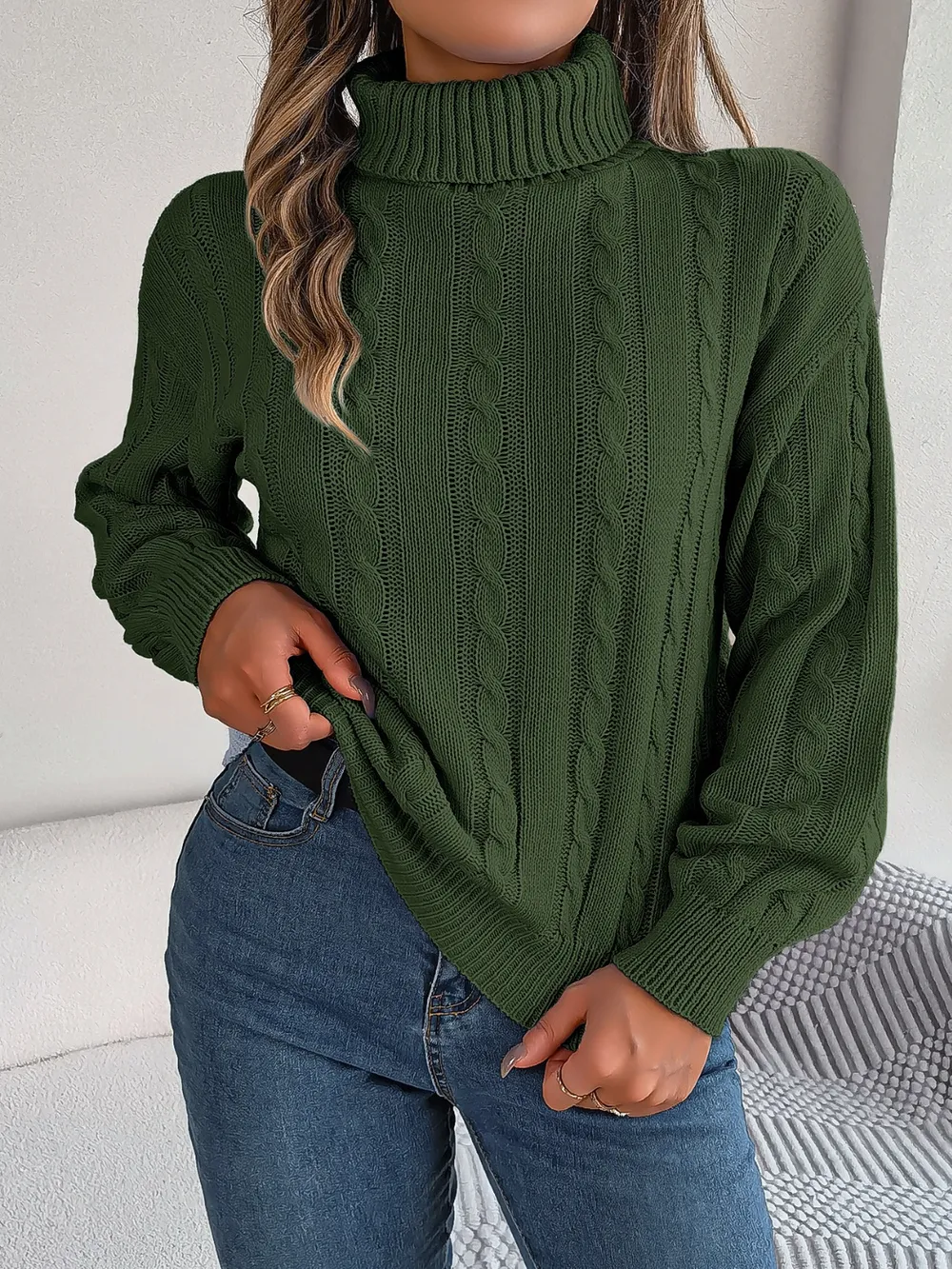Cable-Knit Turtleneck Dropped Shoulder Sweater, image 9