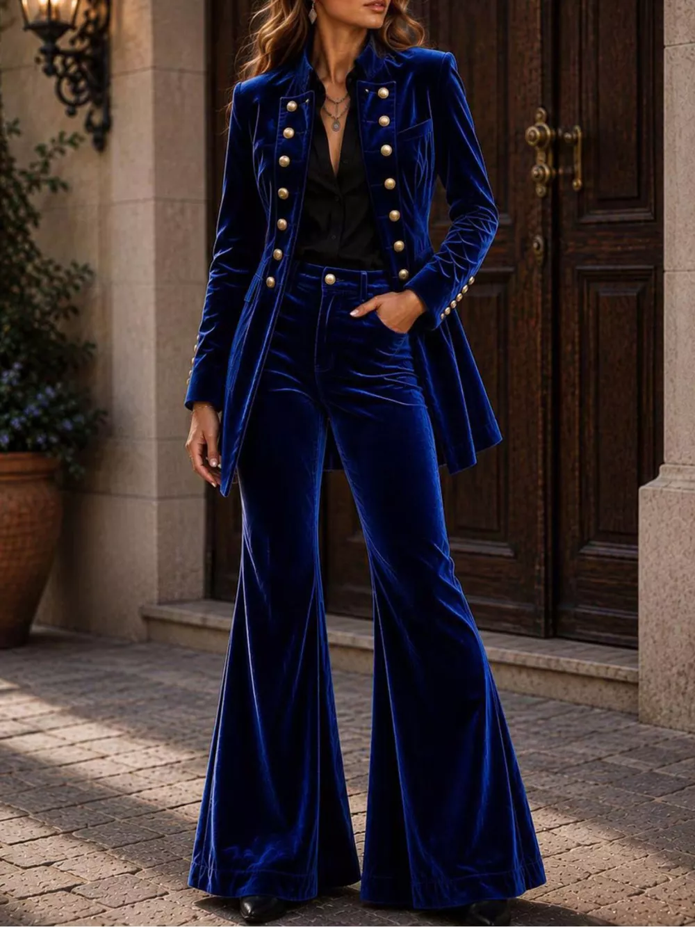 Velvet Double-Breasted Blazer and Flare Pants Set, image 10