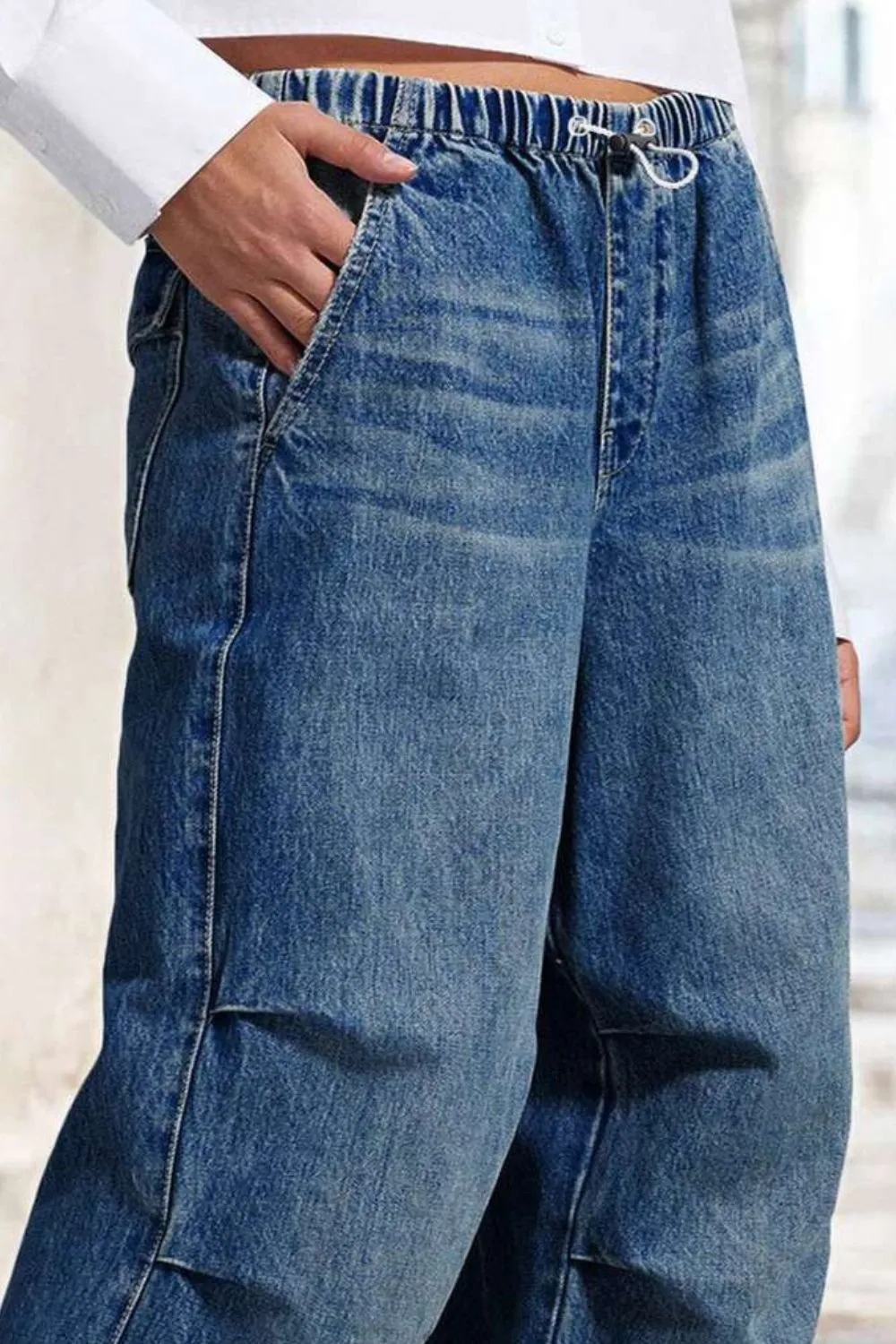 Drawstring Waist Wide Leg Shirred Jeans, image 3