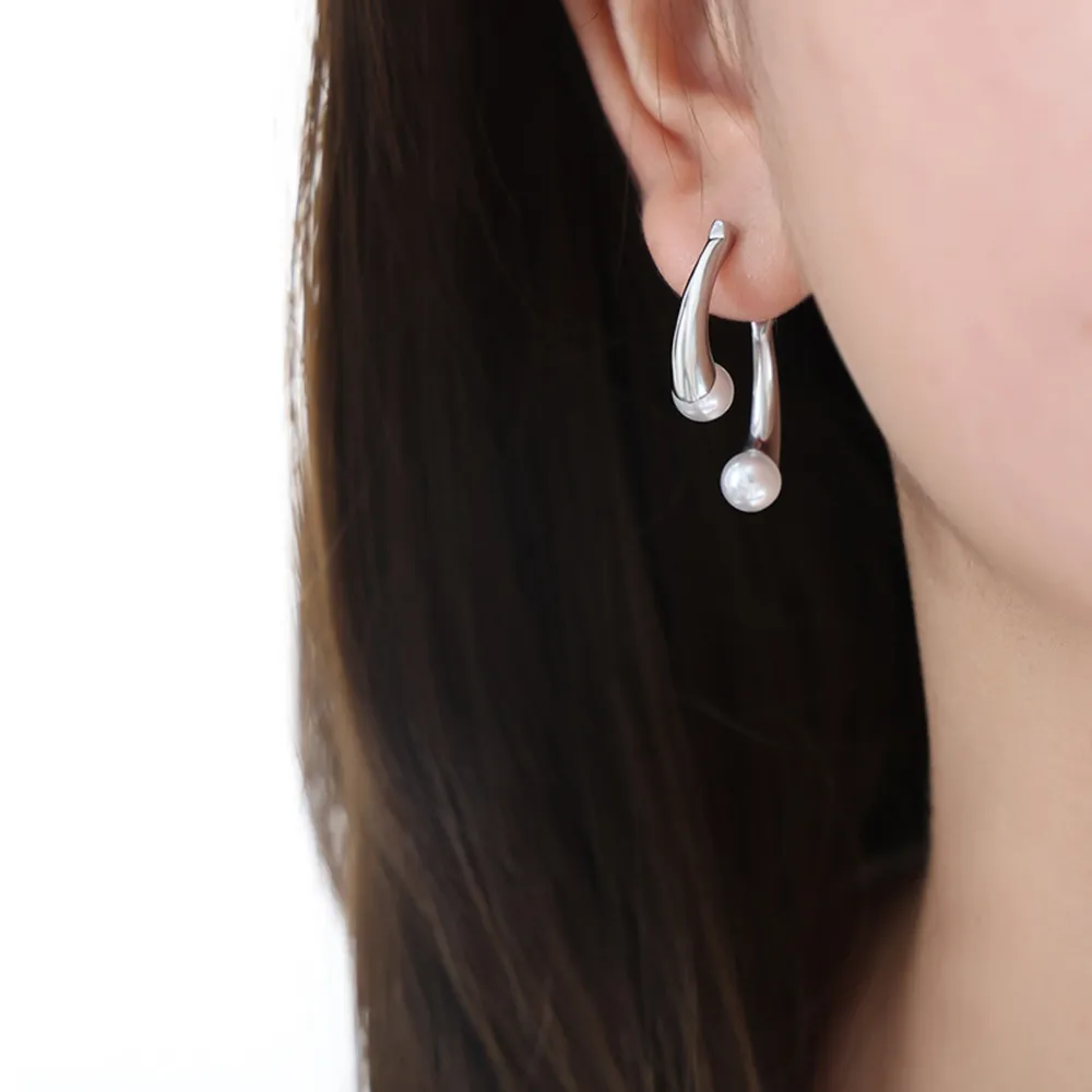 Synthetic Pearl Asymmetrical Titanium Steel Earrings, image 7