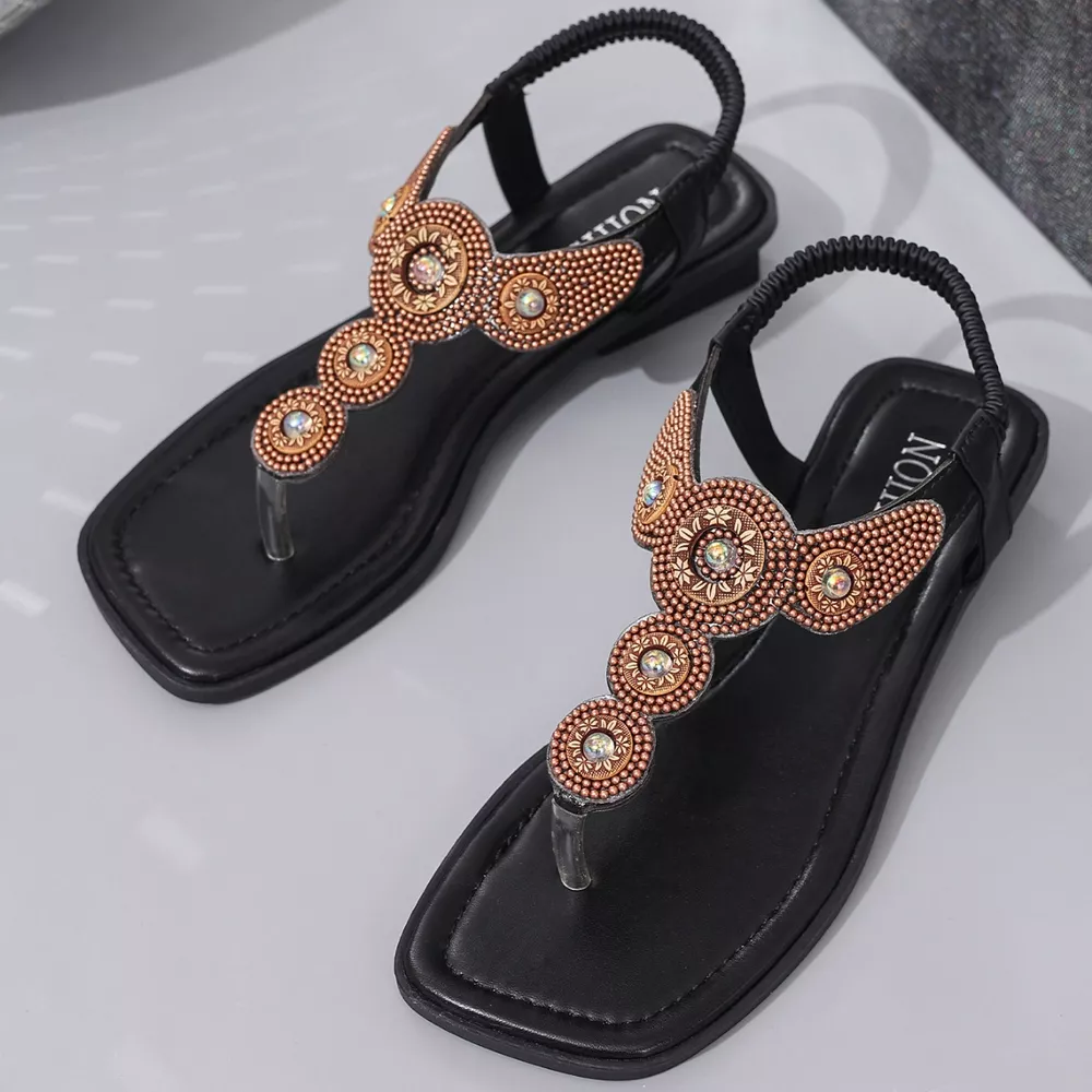 Beaded T-Strap Flat Sandals, image 5