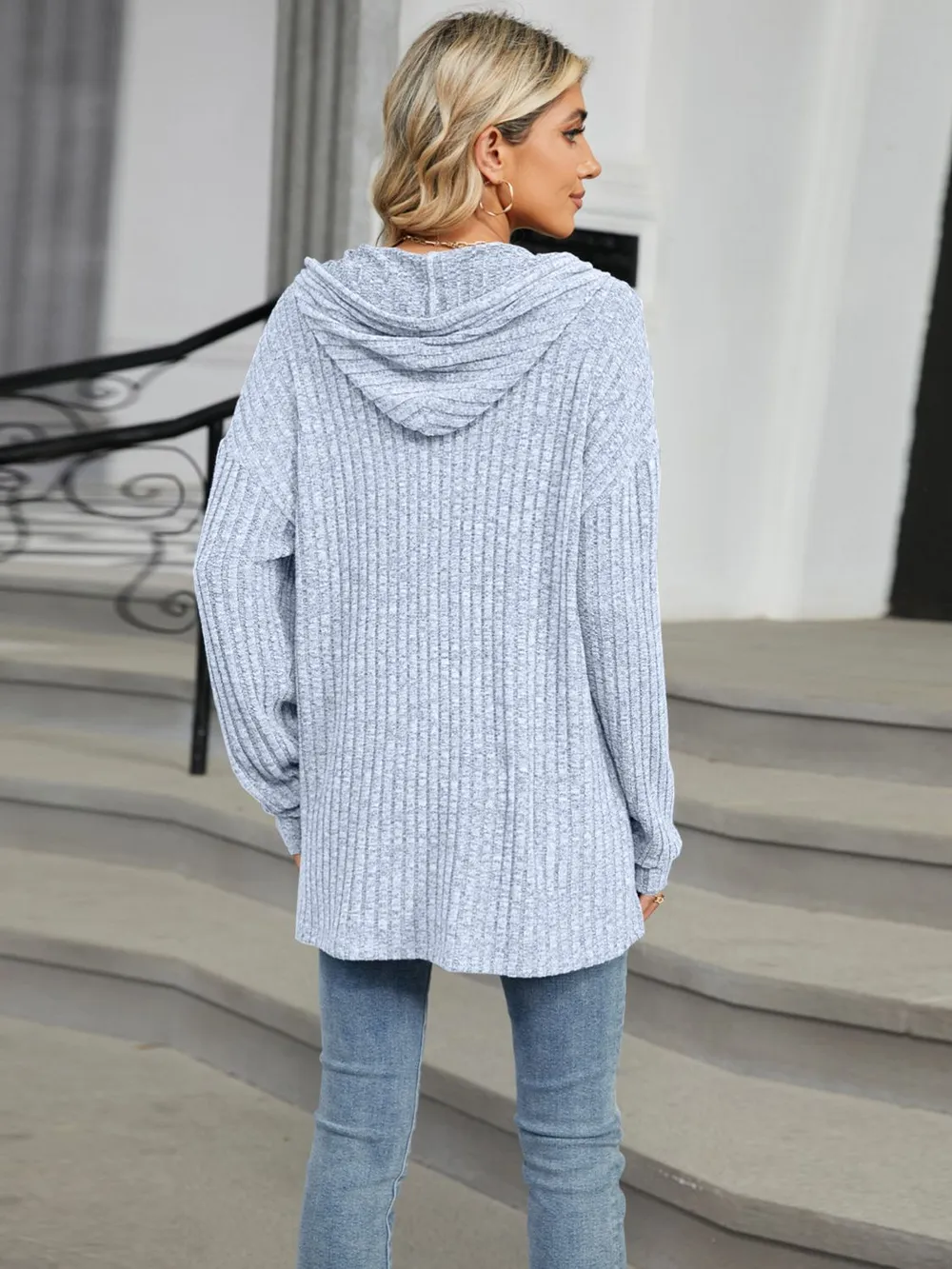 Half Button Long Sleeve Hooded Top, image 16