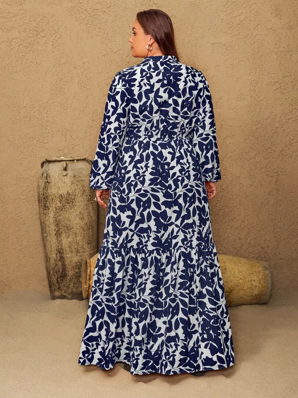 Plus Size Floral Print Notched Long Sleeve Maxi Dress, image 5