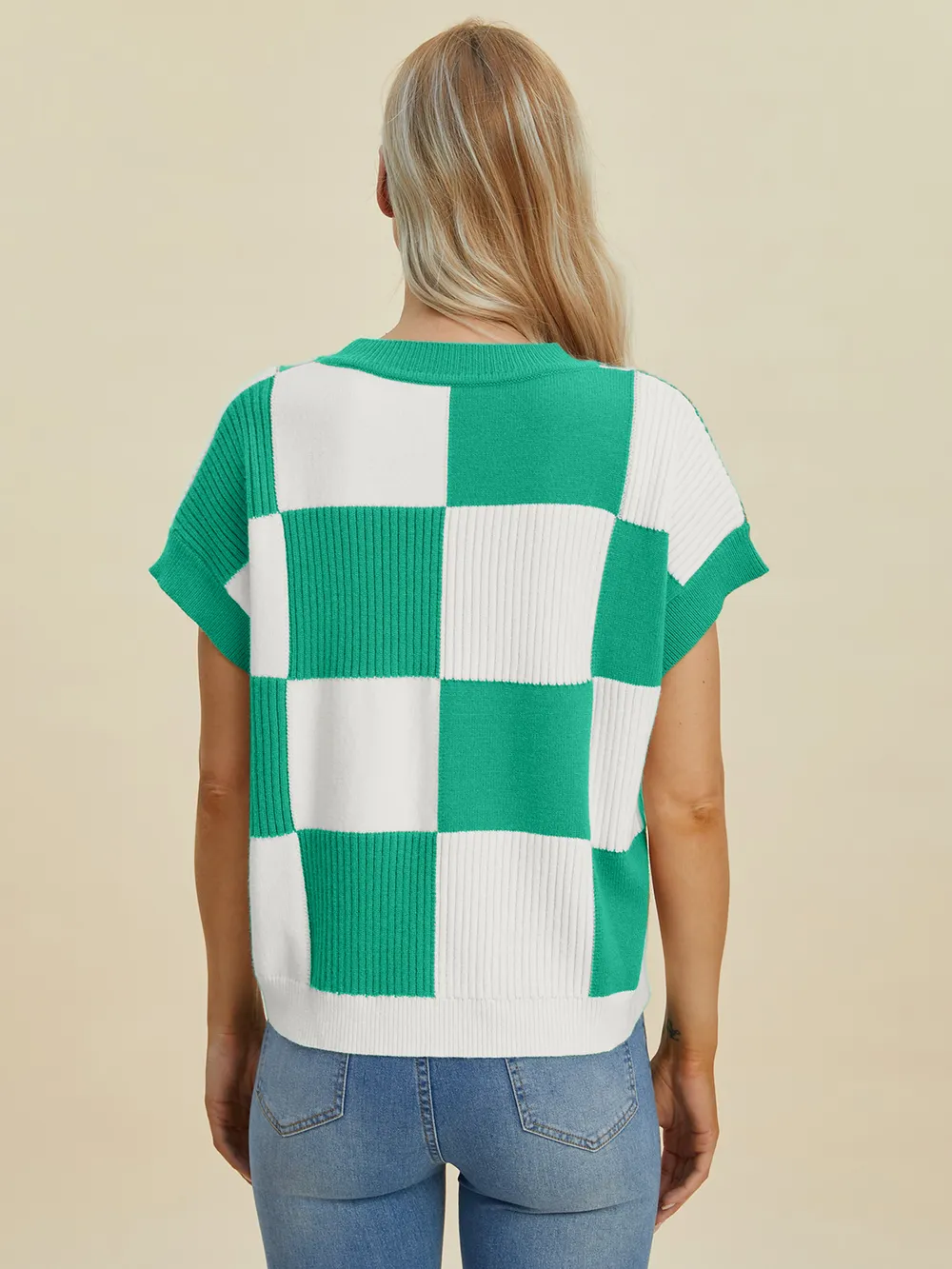 Full Size Checkered Round Neck Short Sleeve Sweater, image 18