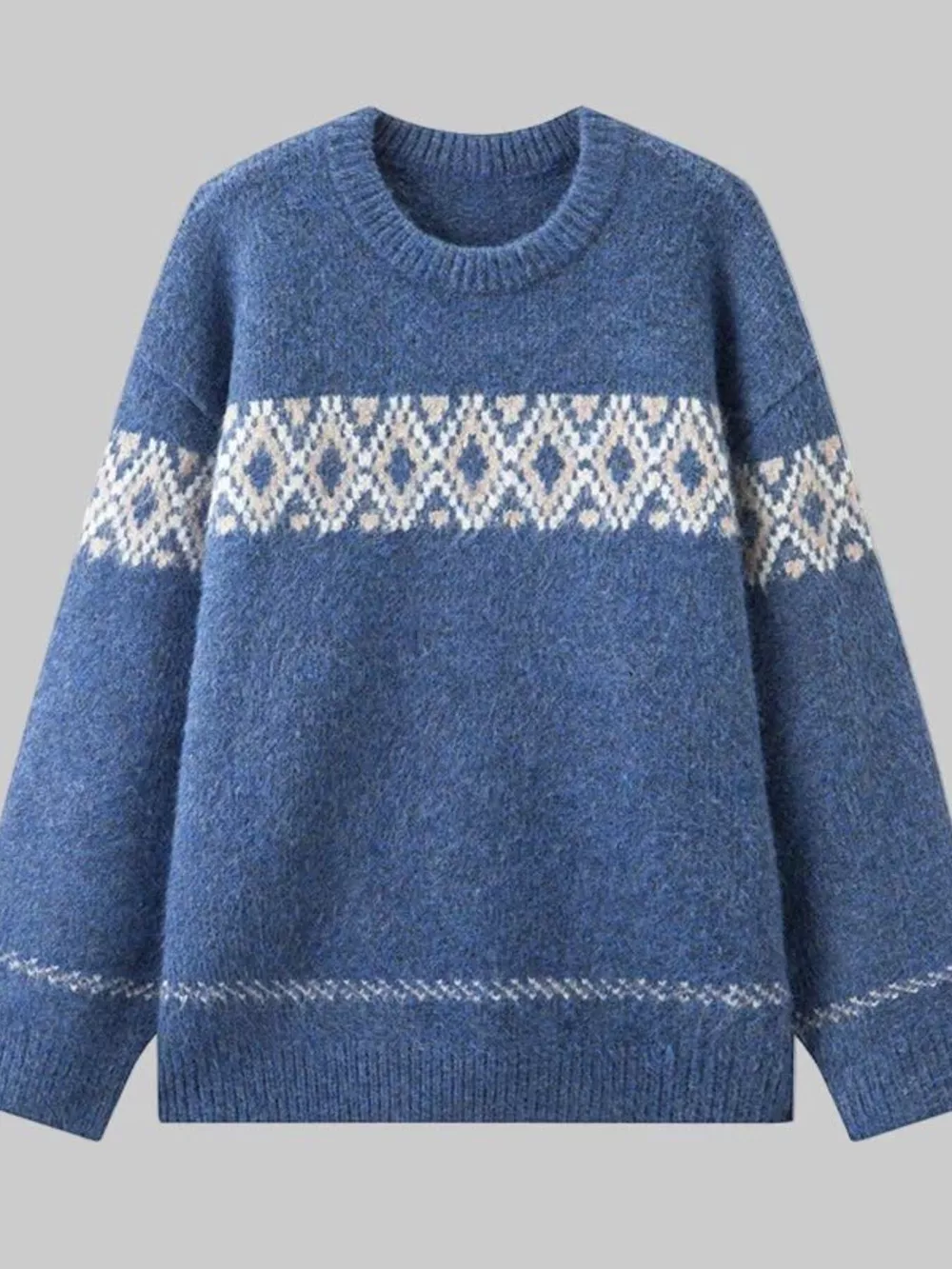 Full Size Vintage Patterned Round Neck Sweater Plus Size, image 19