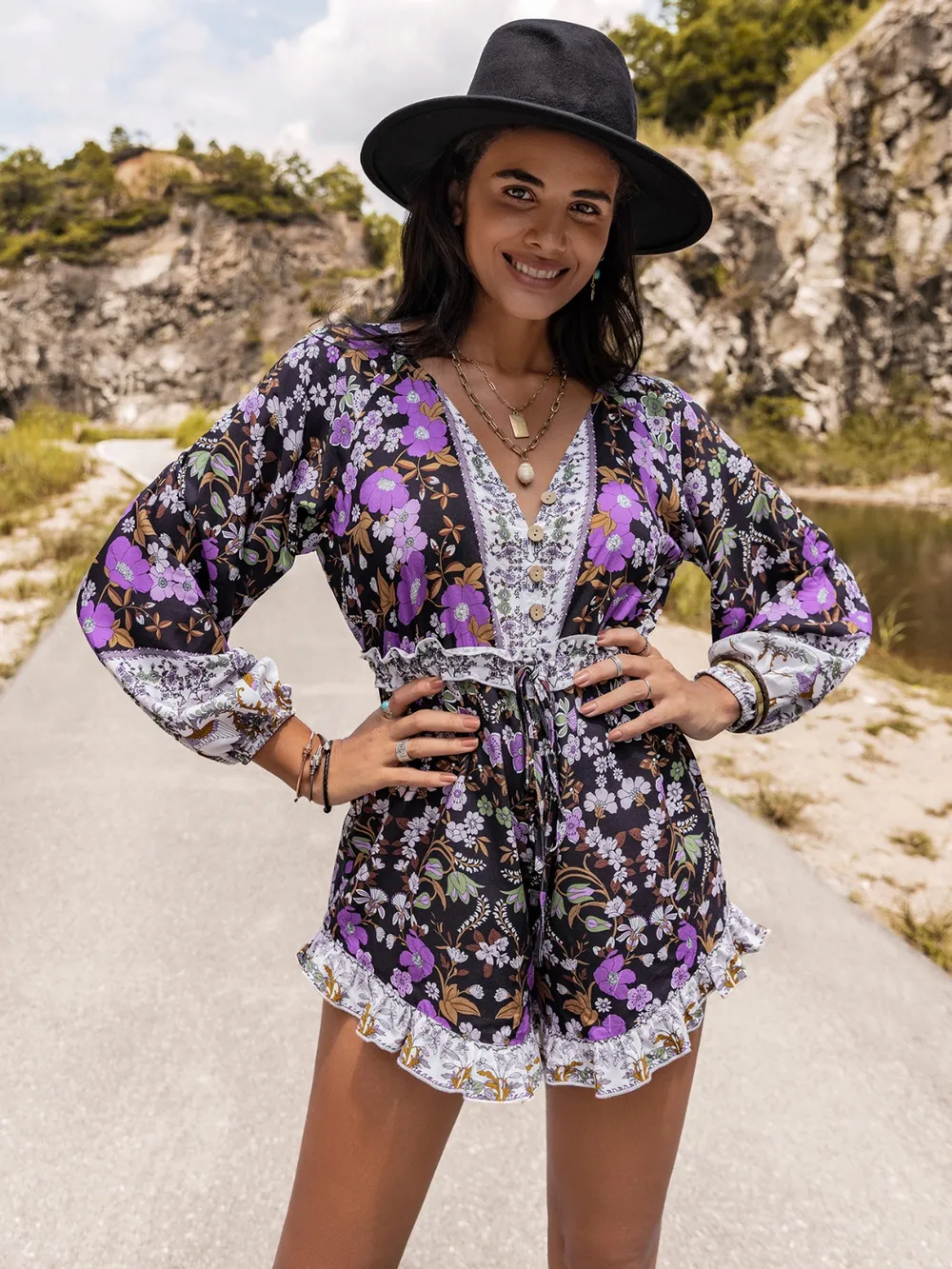 Printed Frill Half Button Balloon Sleeve Romper, image 7