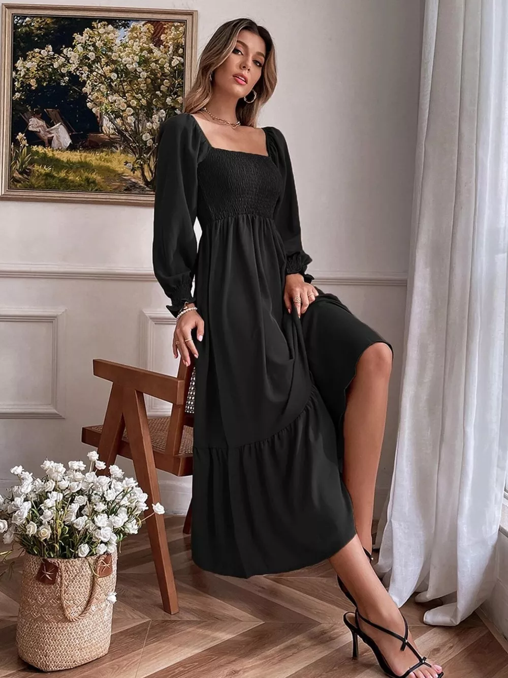 Smocked Long Sleeve Midi Dress, image 3