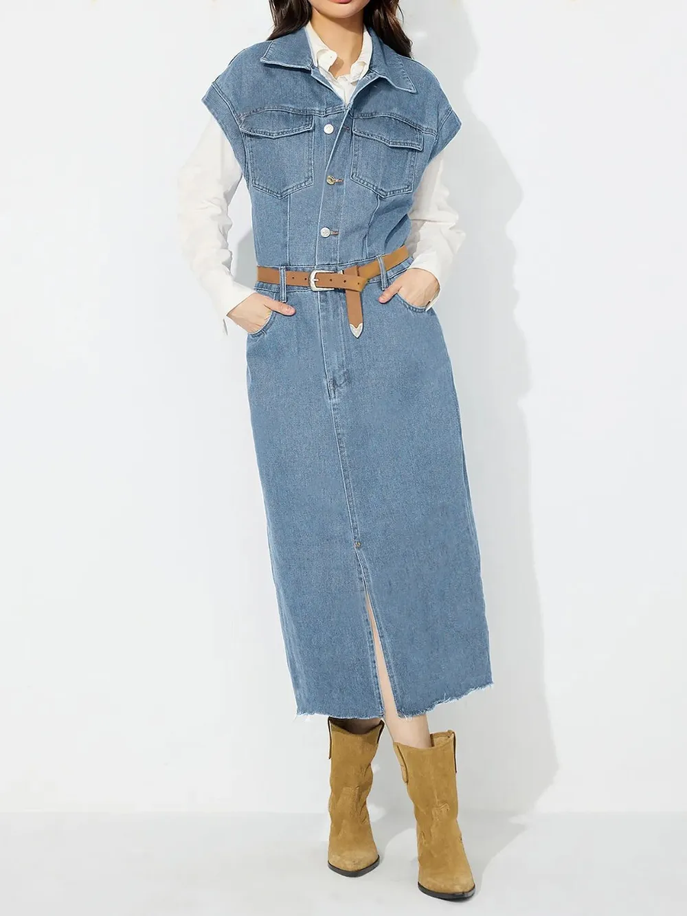Slit Half Button Collared Neck Cap Sleeve Denim Dress, image 2