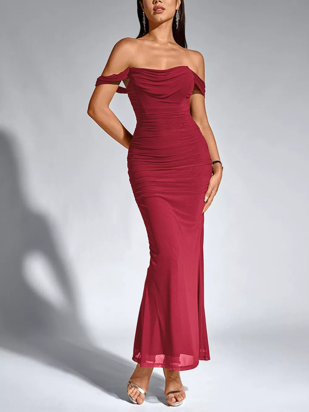 Off-Shoulder Ruched Mermaid Maxi Dress, image 22