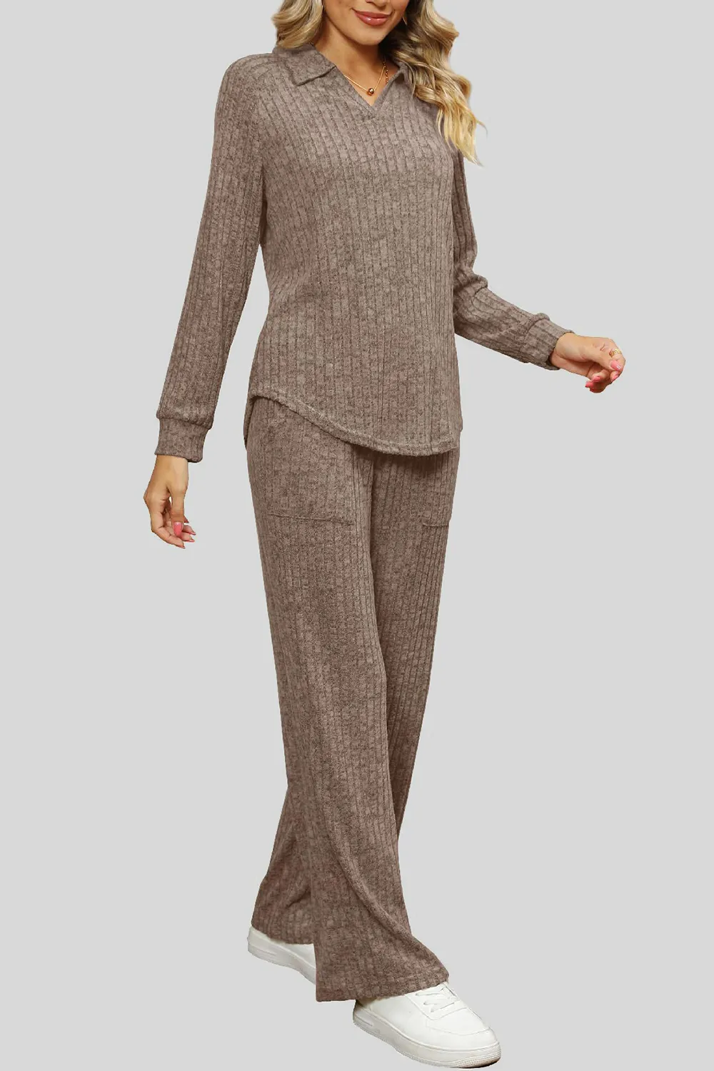 Ribbed Long Sleeve Top and Pocketed Pants Set, image 5