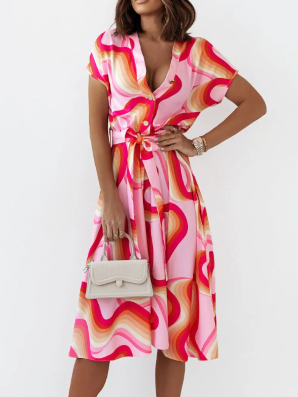 Printed Button Front Midi Dress with Belt, image 8