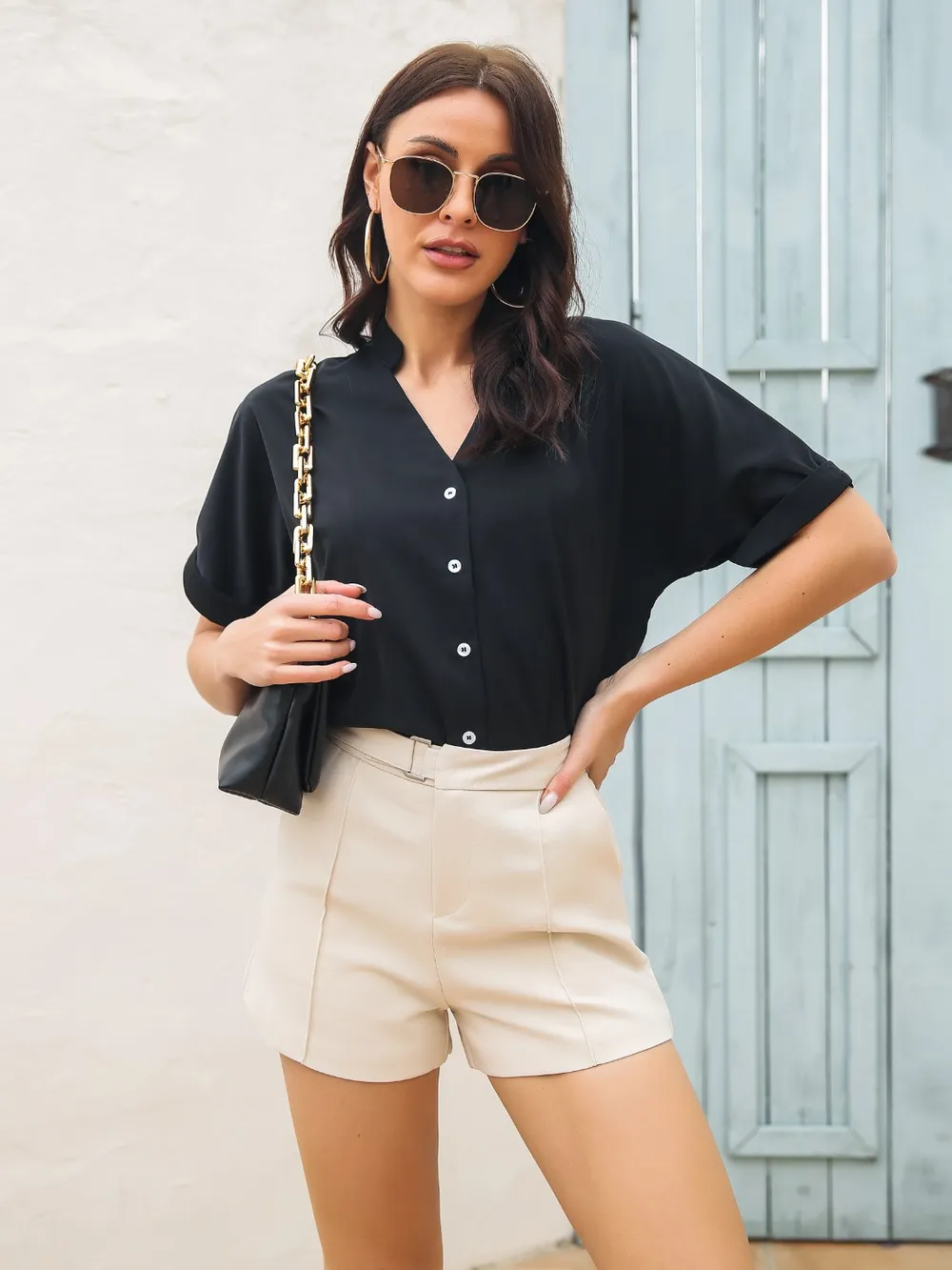 Notched Button Up Short Sleeve Shirt, image 3