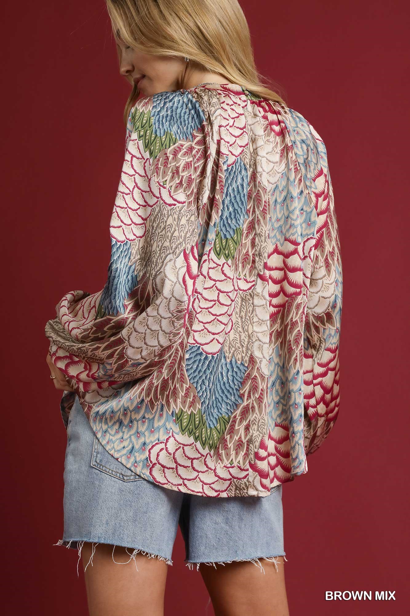 Boho Feather Print Peasant Blouse, image 3
