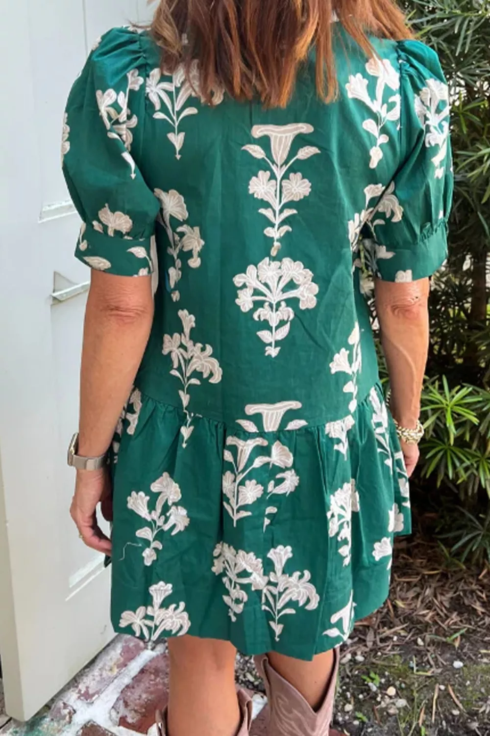 Frilled V Neck Puff Short Sleeve Floral Mini Dress, image 2