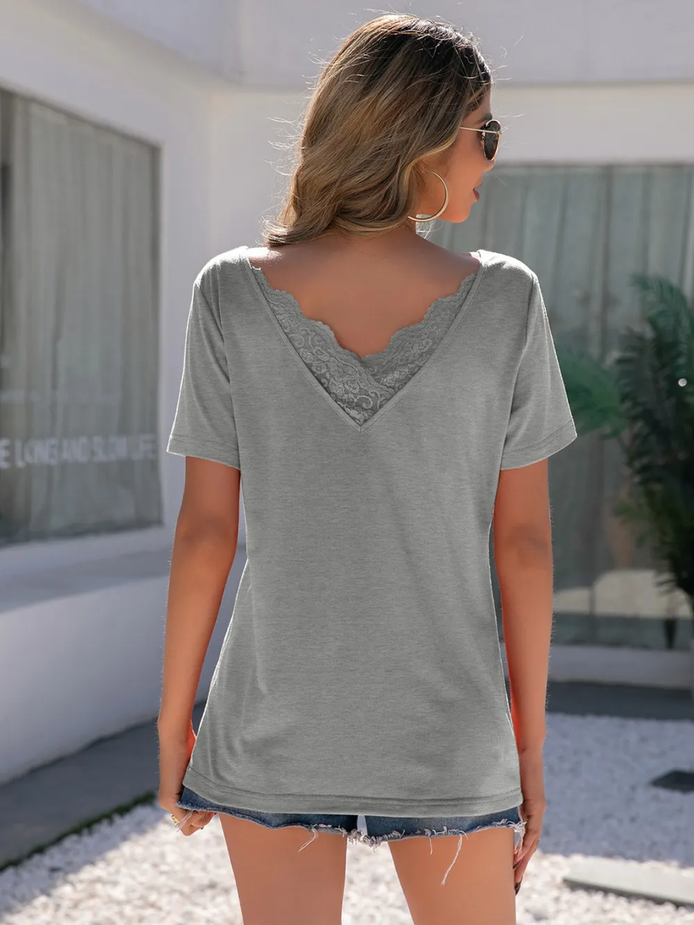 Lace Detail V-Neck Short Sleeve T-Shirt, image 5