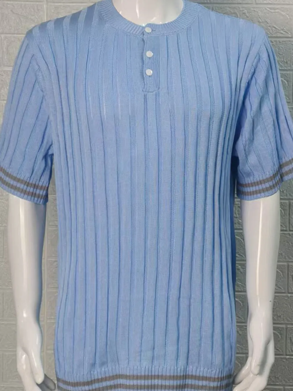 Men's Plus Size Ribbed Quarter Button Round Neck Striped Trim Polo, image 6