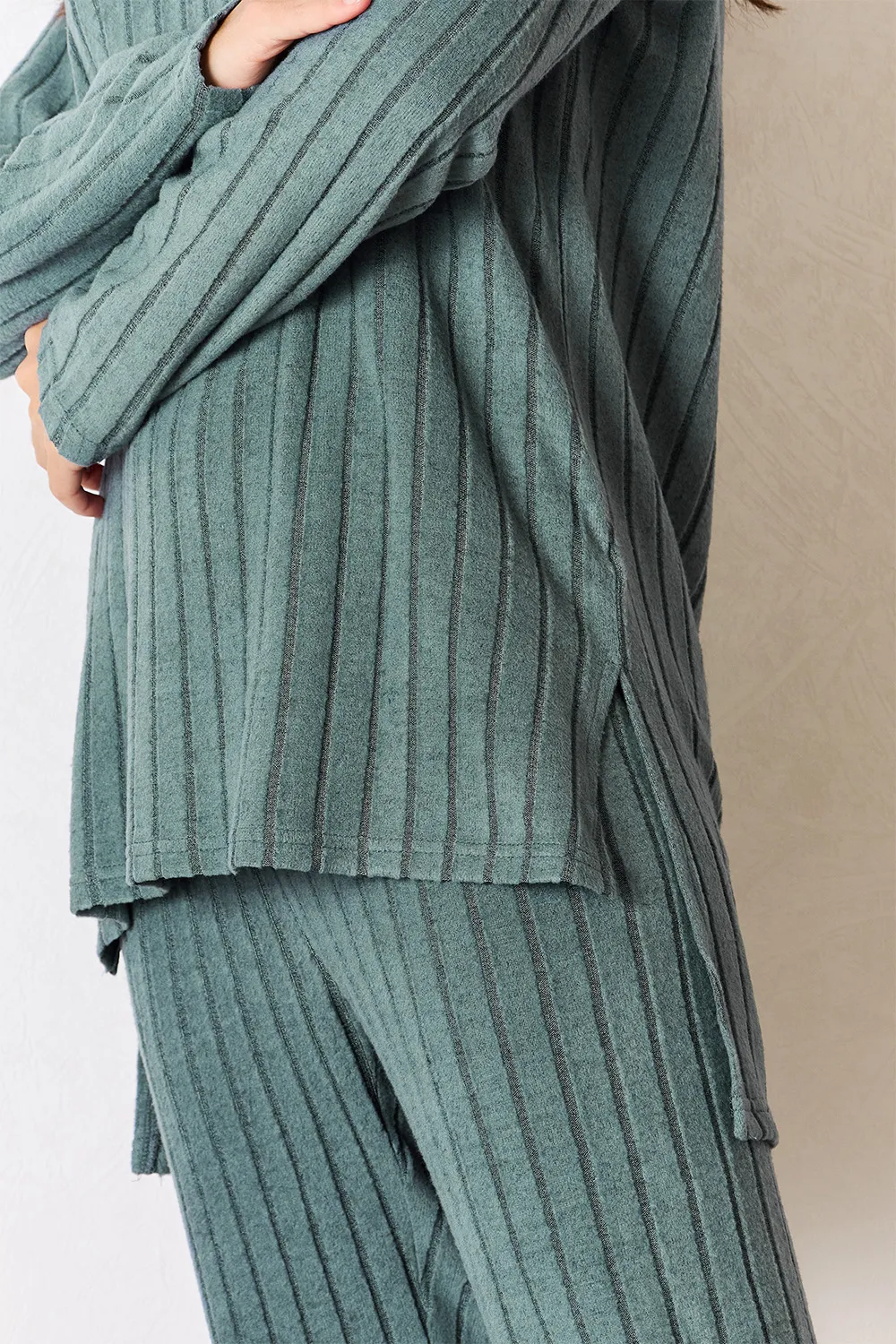 Full Size Ribbed Round Neck High-Low Slit Top and Pants Set, image 10
