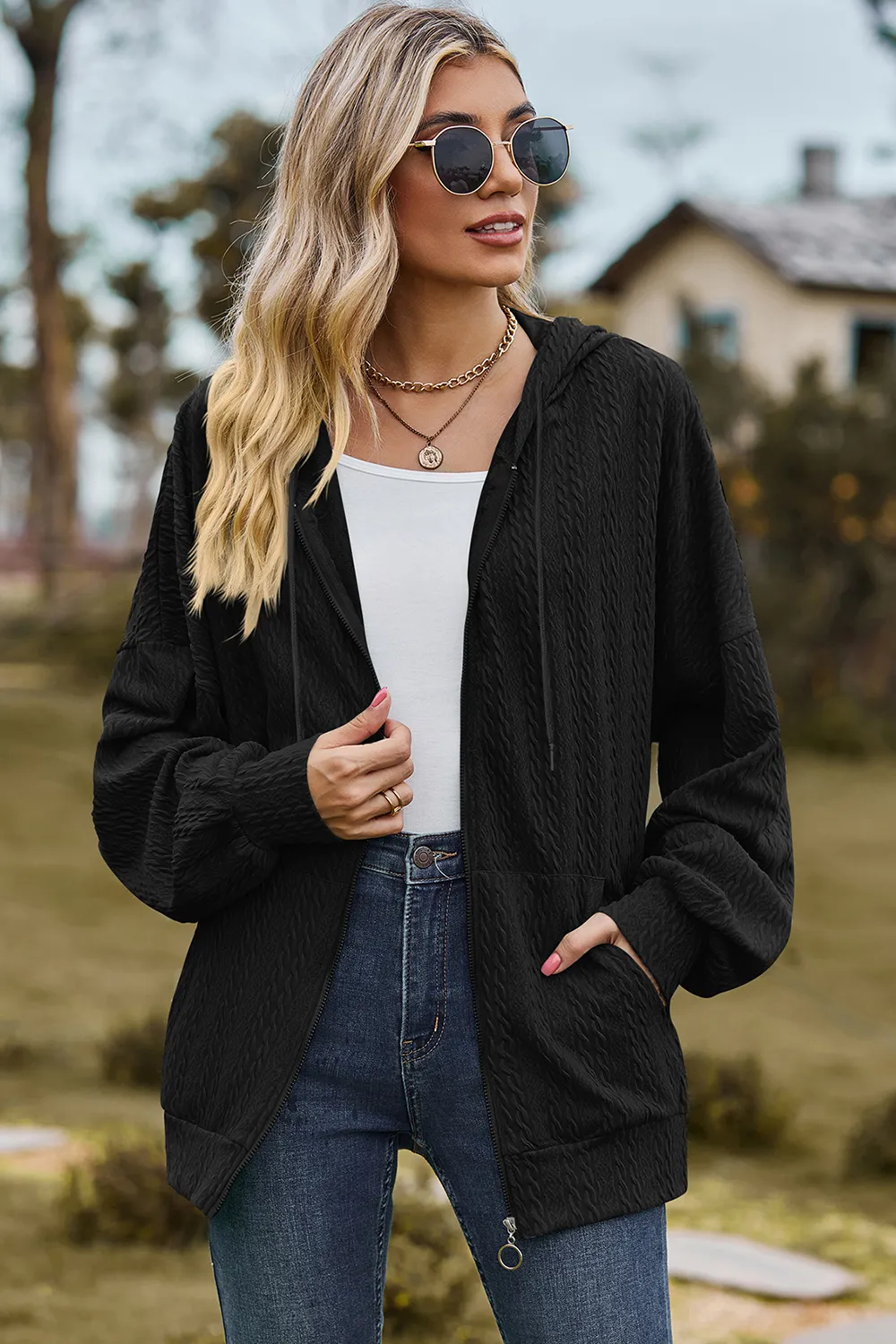 Drawstring Zip Up Dropped Shoulder Hoodie, image 14