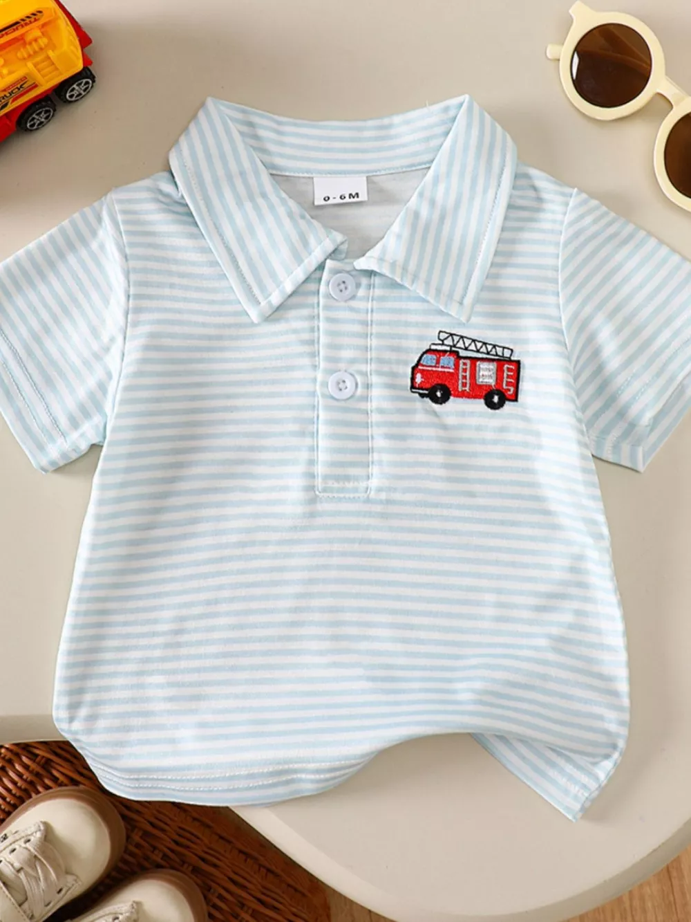 Children's Striped Firetruck Embroidered T-Shirt, image 2