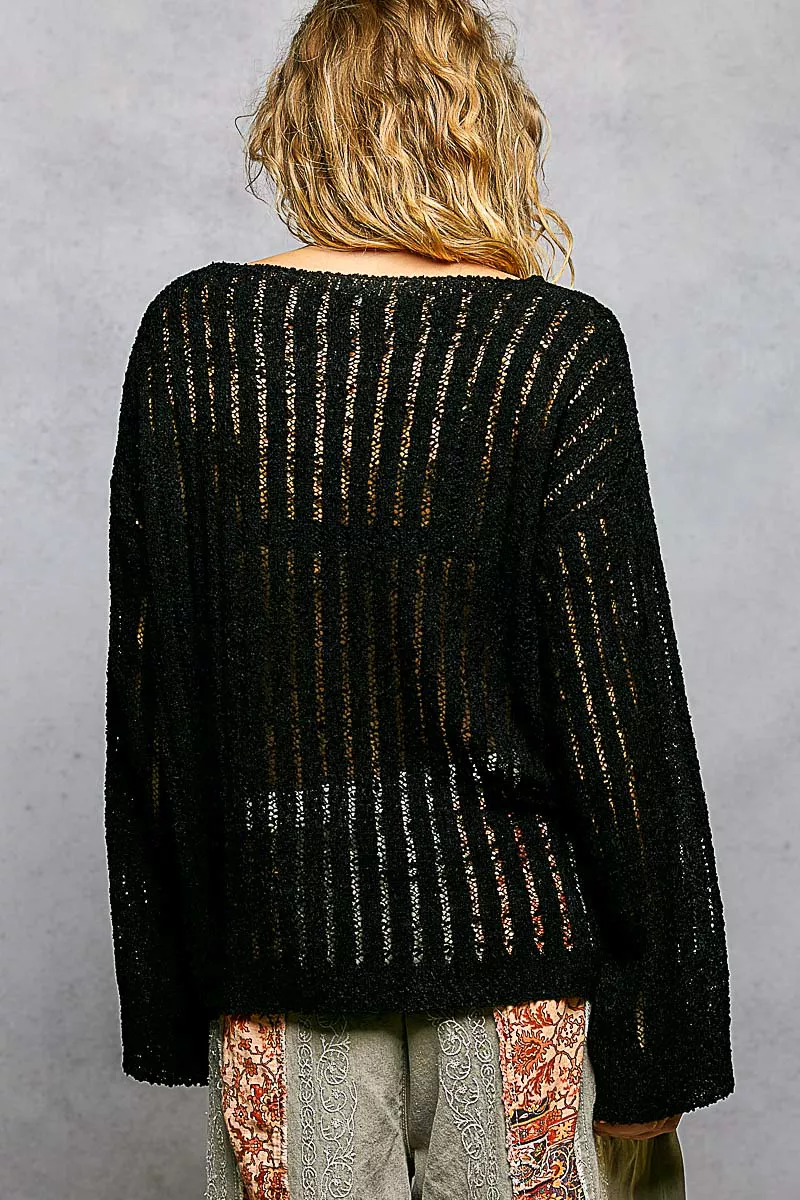 Round Neck Long Sleeve Open Weave Sweater, image 4