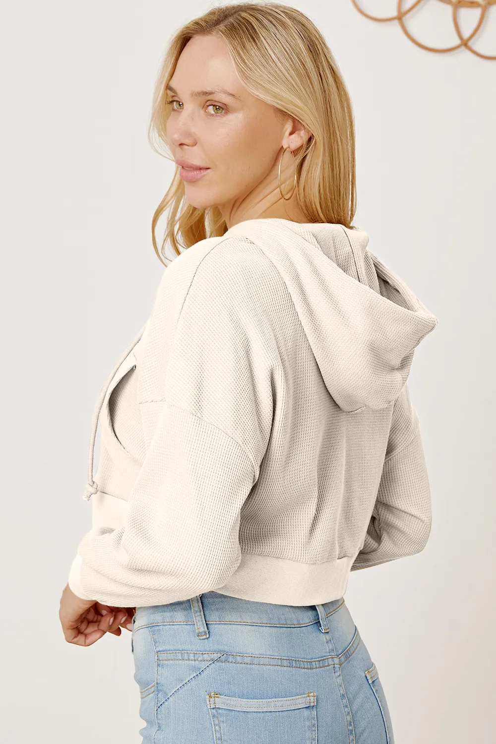 Waffle-Knit Drawstring Zip Up Hoodie, image 15