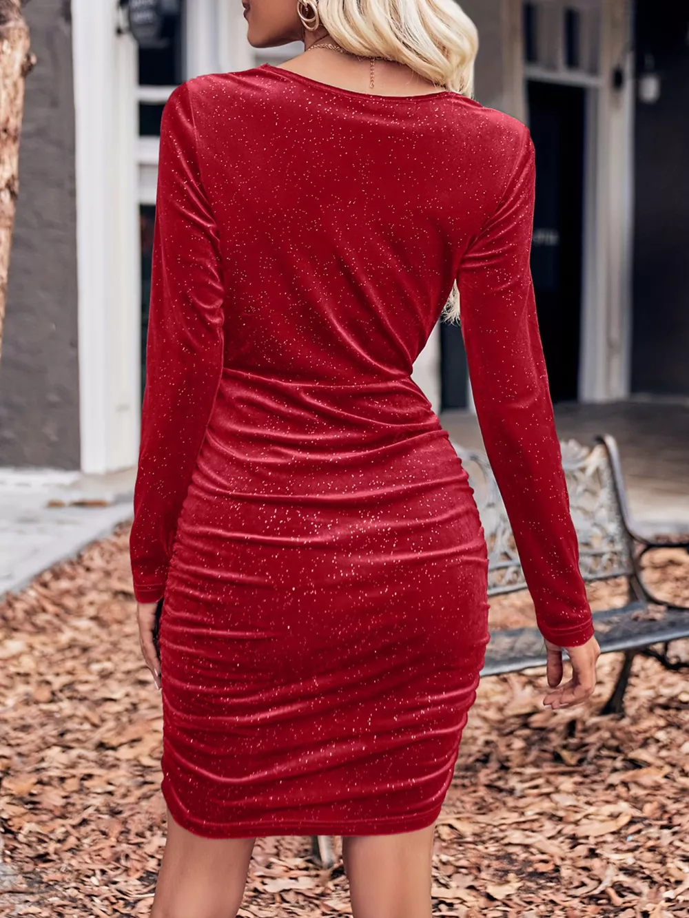 Velvet Cowl Neck Ruched Bodycon Dress, image 12