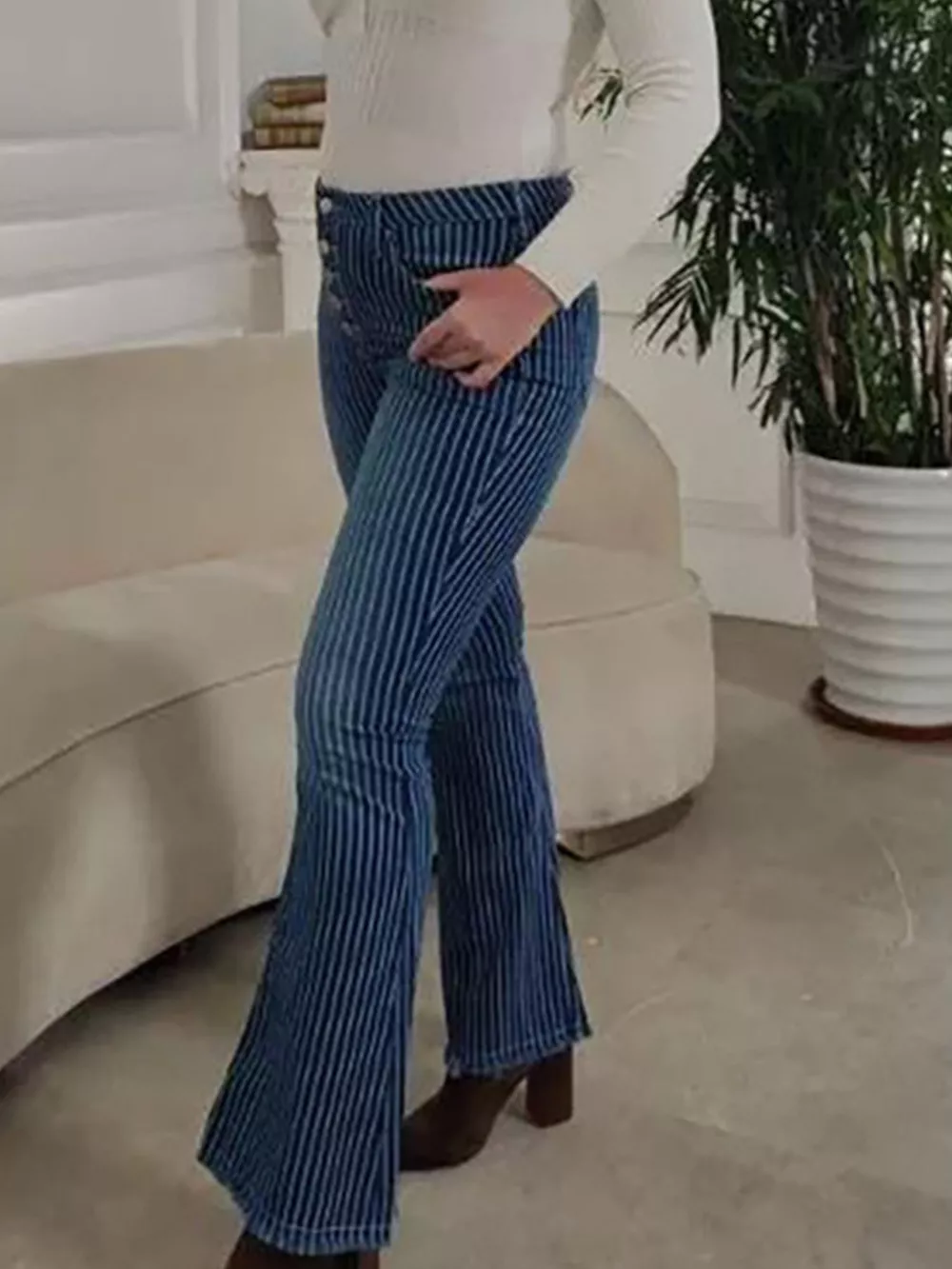 Striped Button Fly Flare Jeans, image 6