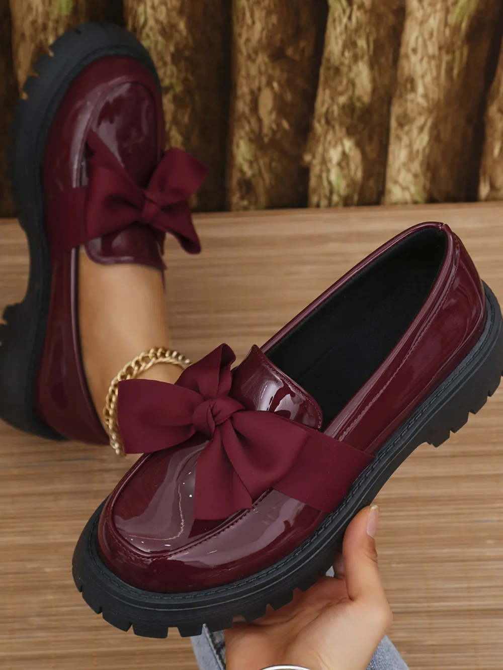 Bow PU Leather Round Toe Loafers, image 7