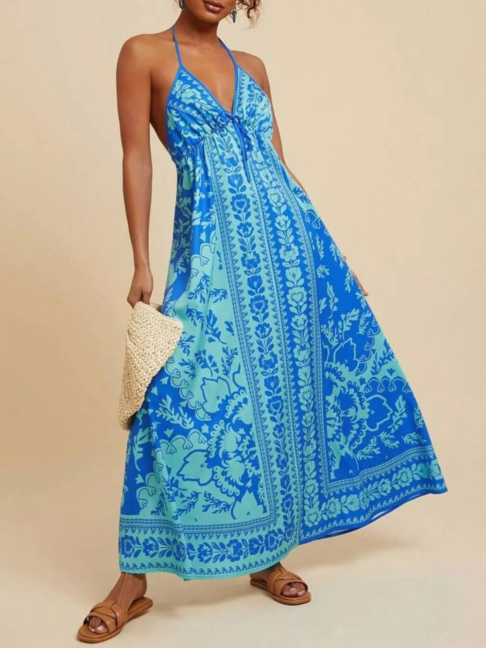 Bohemian Floral Print Halter Maxi Dress, image 4