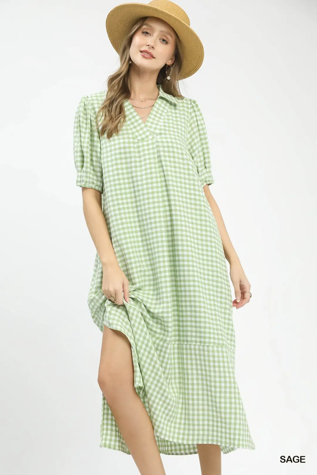 Gingham Midi Dress with Side Pockets
