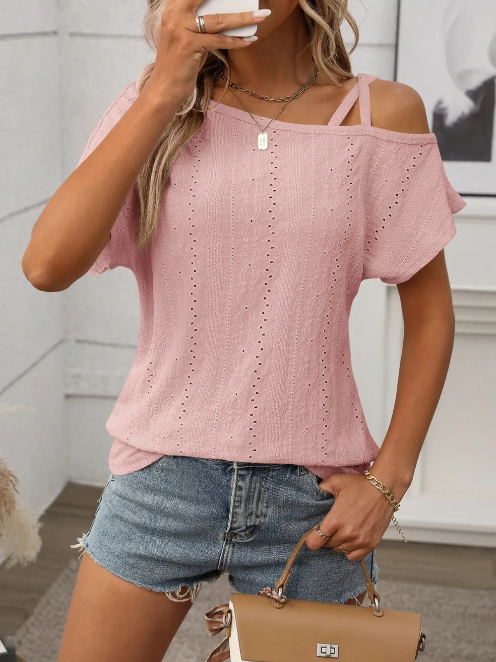 Eyelet Asymmetrical Shoulder Short Sleeve T-Shirt, image 28