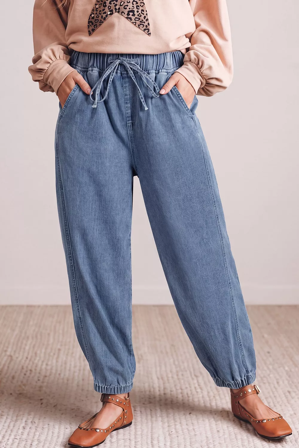 Elastic Waist Harem Ankle Length Jeans, image 2