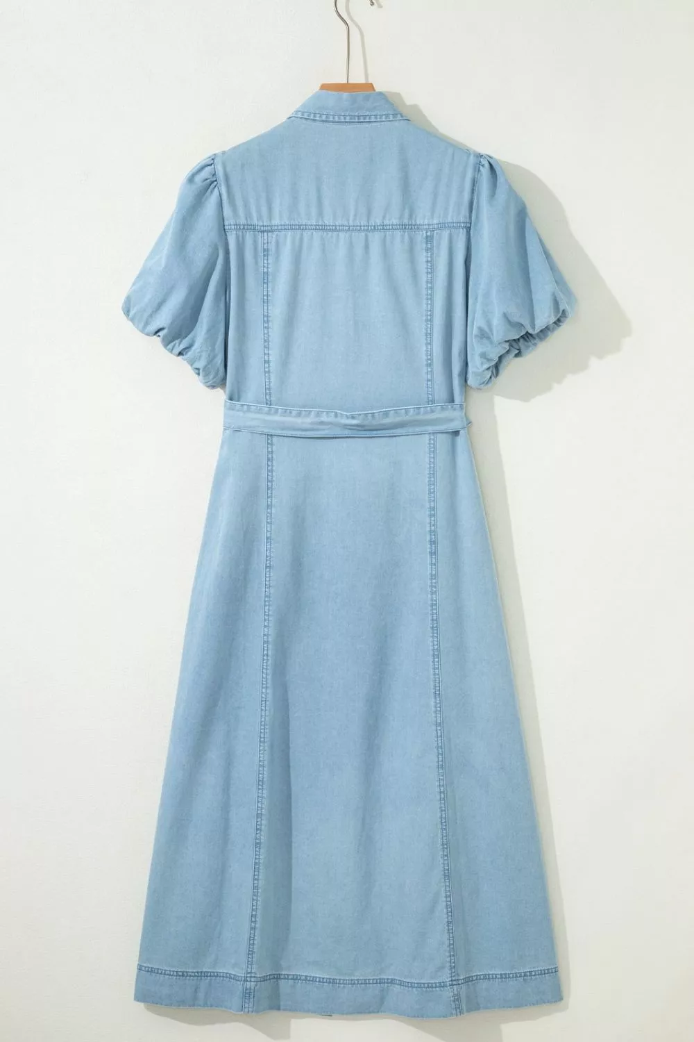 Full Buttons Collared Short Bubble Sleeve Long Denim Dress, image 9