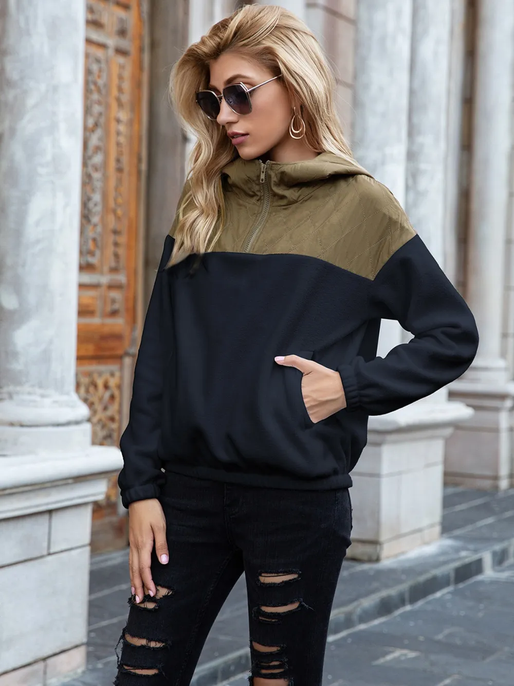 Pocketed Color Block Quarter Zip Hoodie, image 9