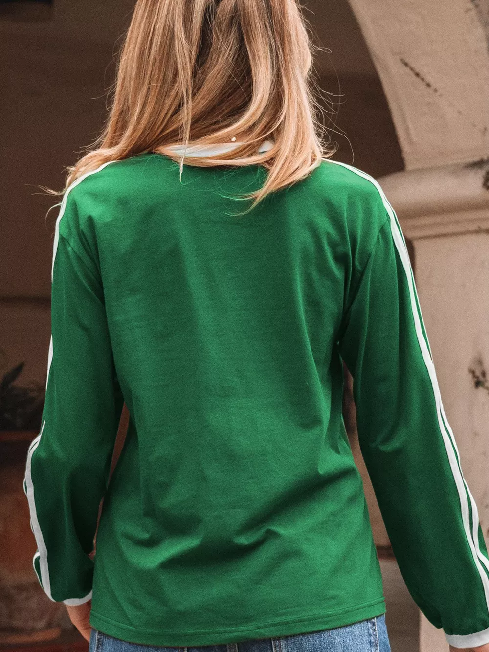 Striped Accent Contrast Crew Neck Long Sleeve T Shirt, image 2
