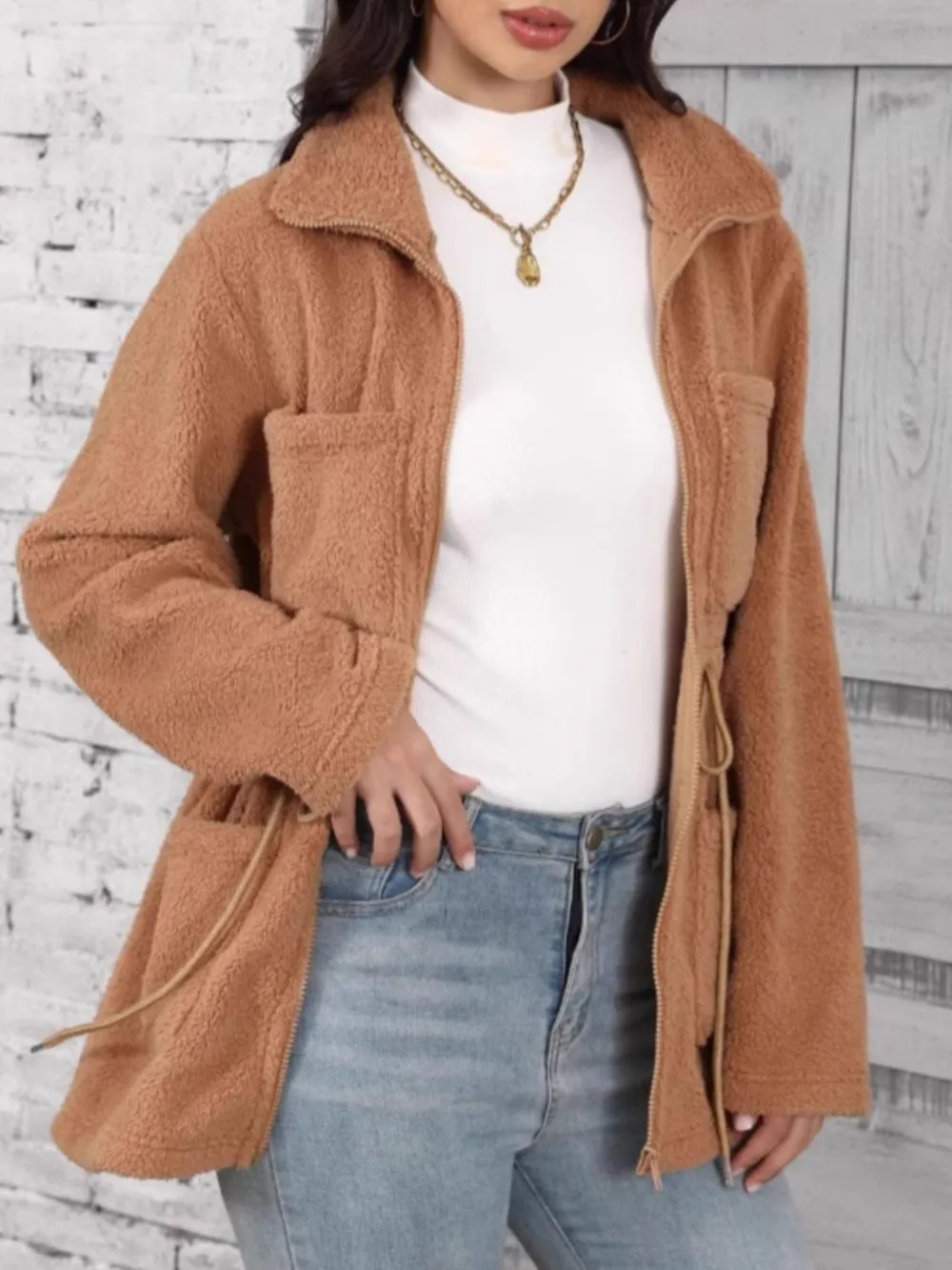 Drawstring Zip Up Long Sleeve Outerwear, image 3