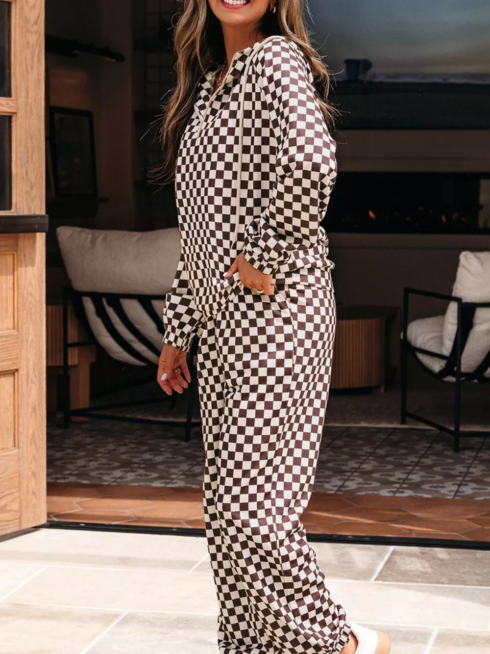 Checkered Drawstring Hoodie and Pants Set, image 3