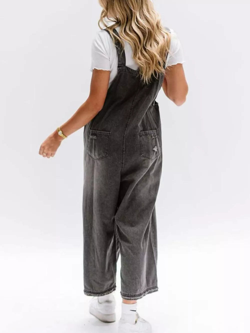 Distressed Wide Leg Denim Overalls, image 14