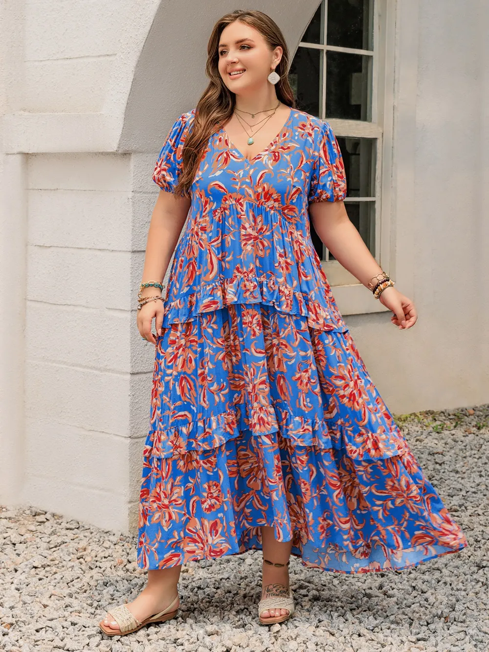 Plus Size Ruffled Printed V-Neck Short Sleeve Maxi Dress, image 7